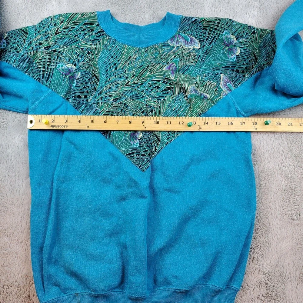 Hanes Sweatshirt Womens M Vintage 80s Butterfly Tropical Graphic Blend Teal Blue